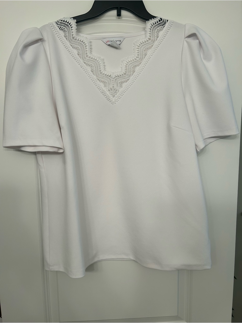 Liz Claiborne White Lace-Trim V-Neck Puff Sleeve Blouse